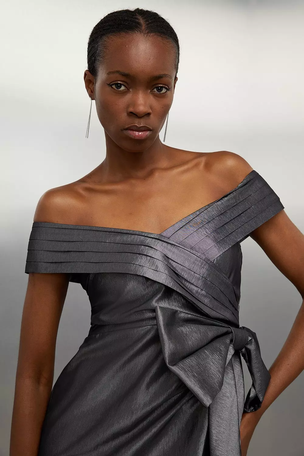 Tailored Off Shoulder Metallic Bow Drape Detail Mini Dress Karen